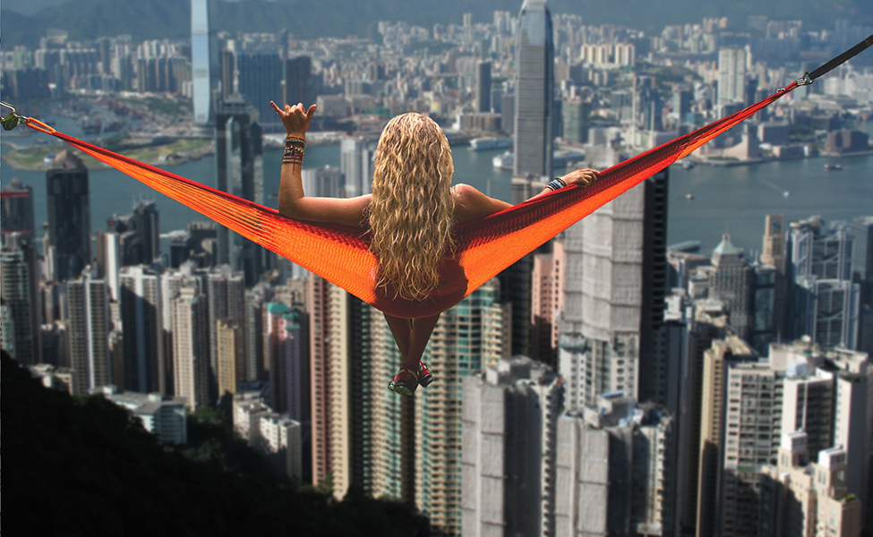 Girl looking at Hong Kong panorama