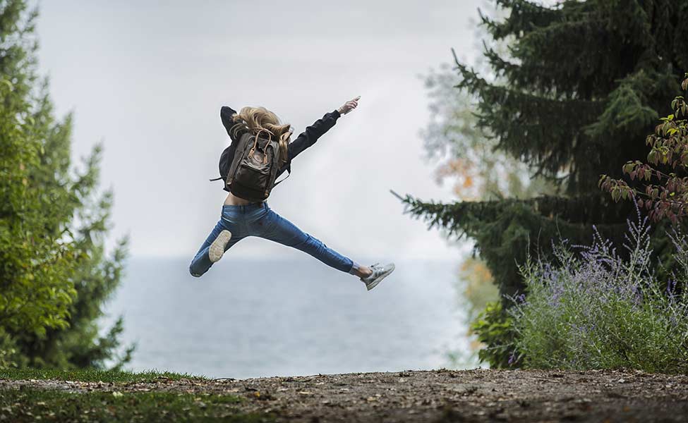 a girl who jumps for joy and embarks on an adventure