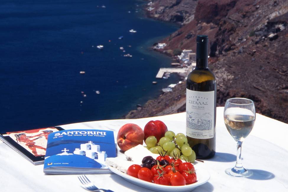 Table with food and wine at Santorini 