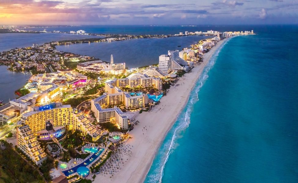 Aerial view of beach resorts in Cancun