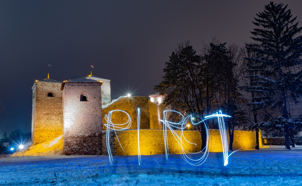 Pirot written in lights outside a famous fortress in town 