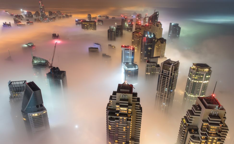 Winter fog over Dubai skyscrapers 