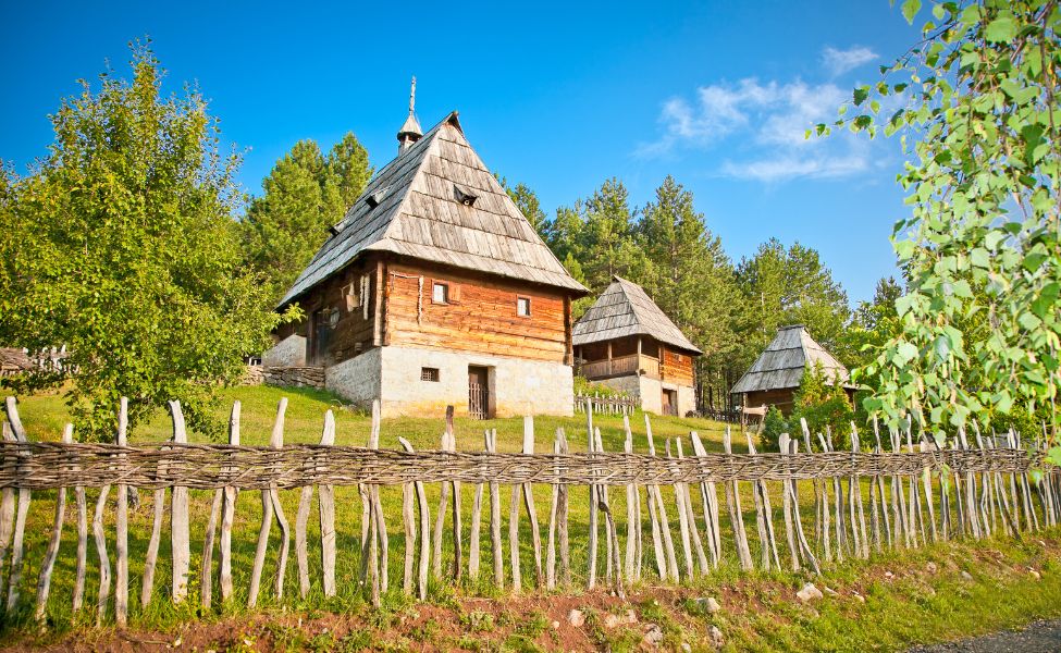 Wooden houses and fences in Sirogojno 