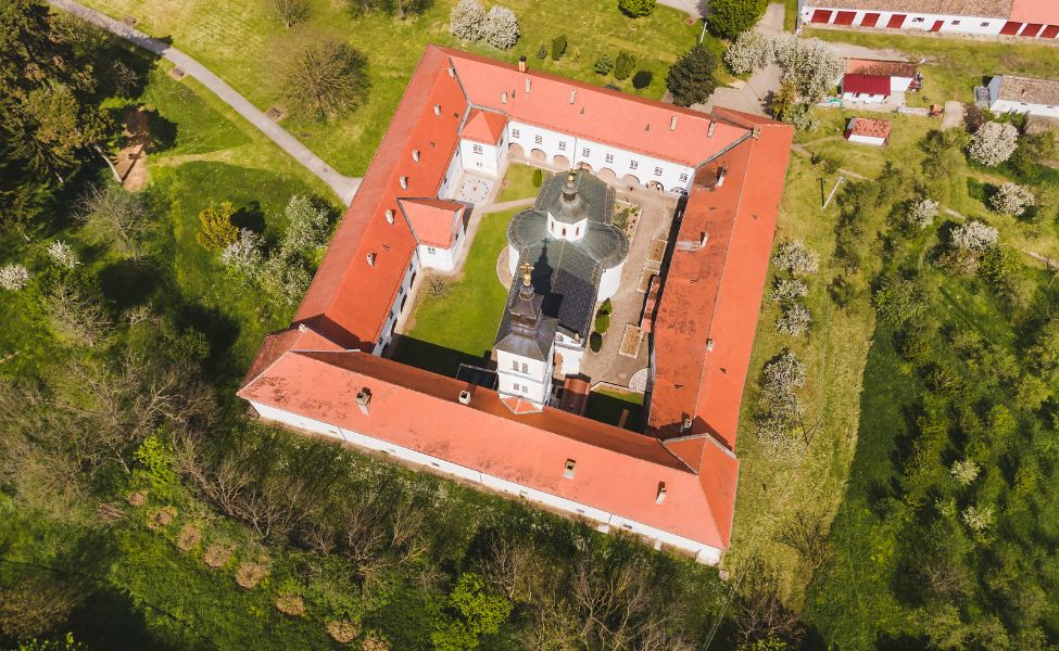 Aerial view of a monastery on Fruska gora 