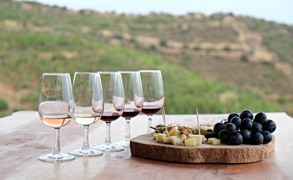 Display of wine glasses and grapes 